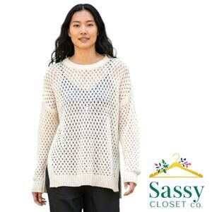 New In Cream Open Knit Crochet Sweater L NWOT Beach Cover Up Loose Mesh Pullover